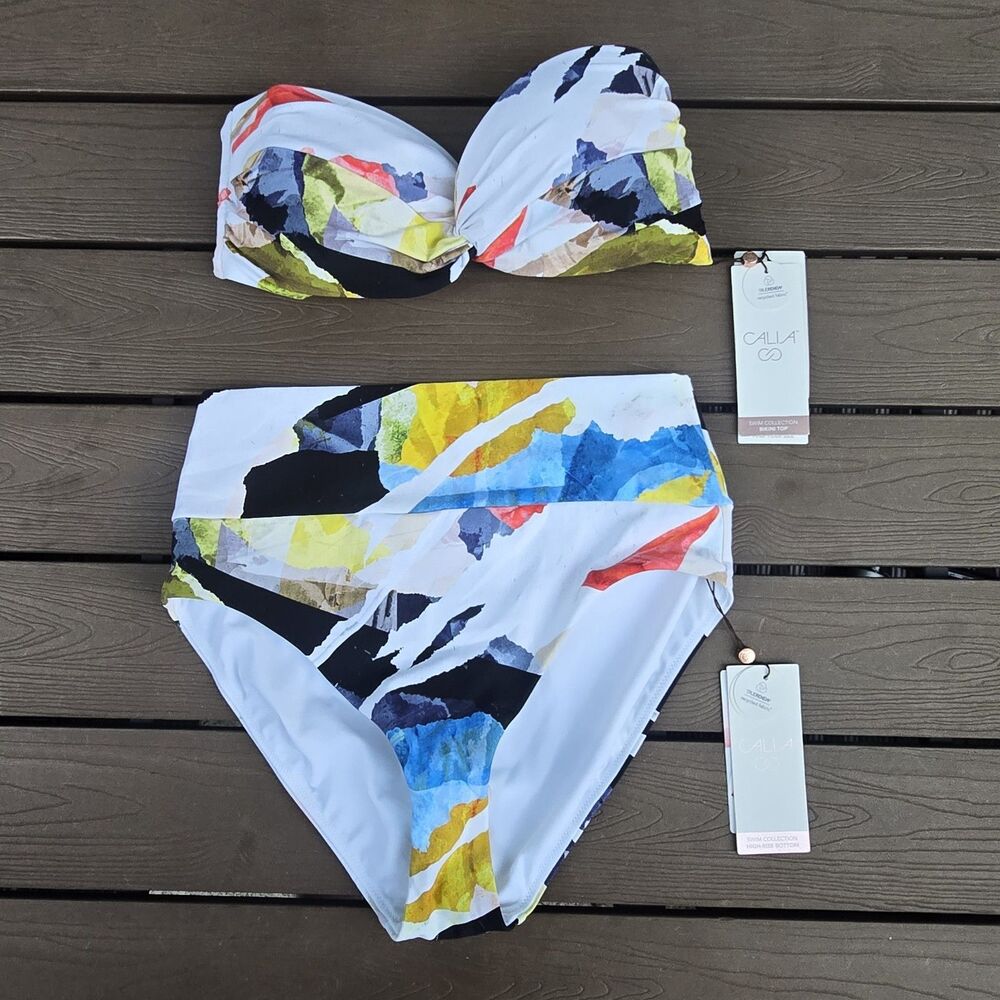 CALIA Women's Collage Bandeau Top & Wide Band High Leg Bikini Sz S New